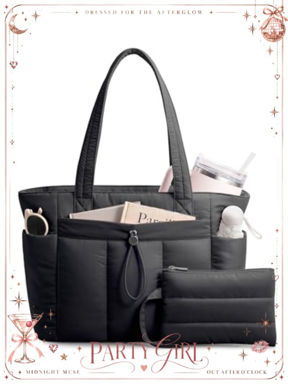 Puffy Tote Bag with Cup Holder Laptop Compartment & Cosmetic Bag for Work Travel